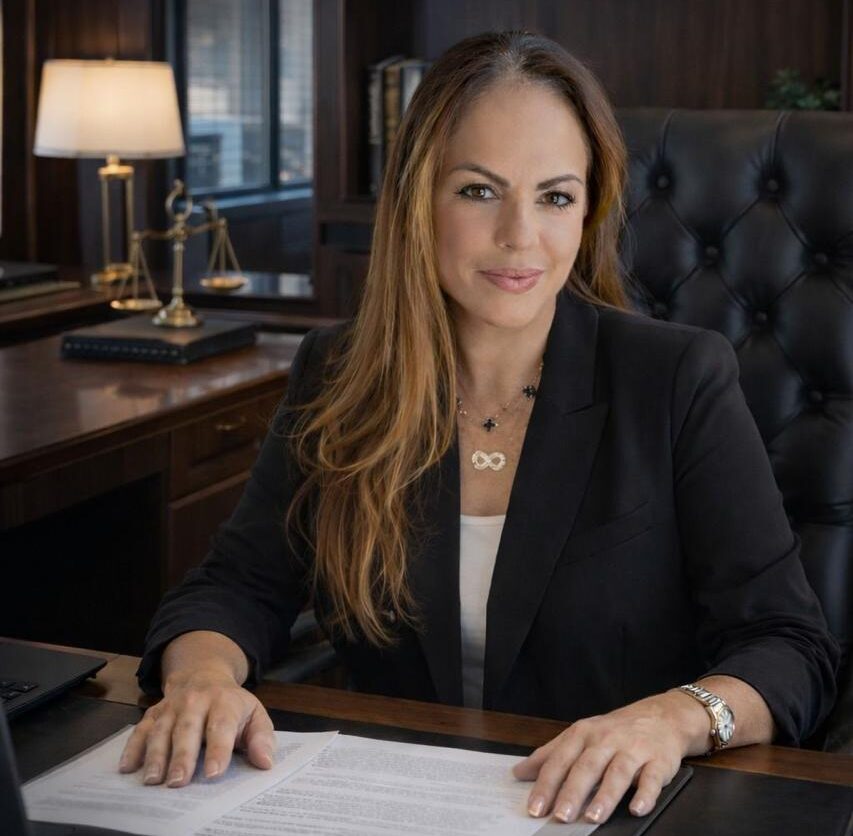 Dra. Ana Paula D'Emilio sentada à mesa usando blazer preto